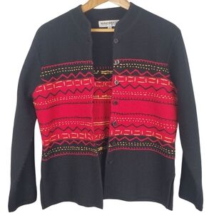 Vntg Windridge Black and Red Patterned Cardigan. 100% Merino Wool. MED. #0164